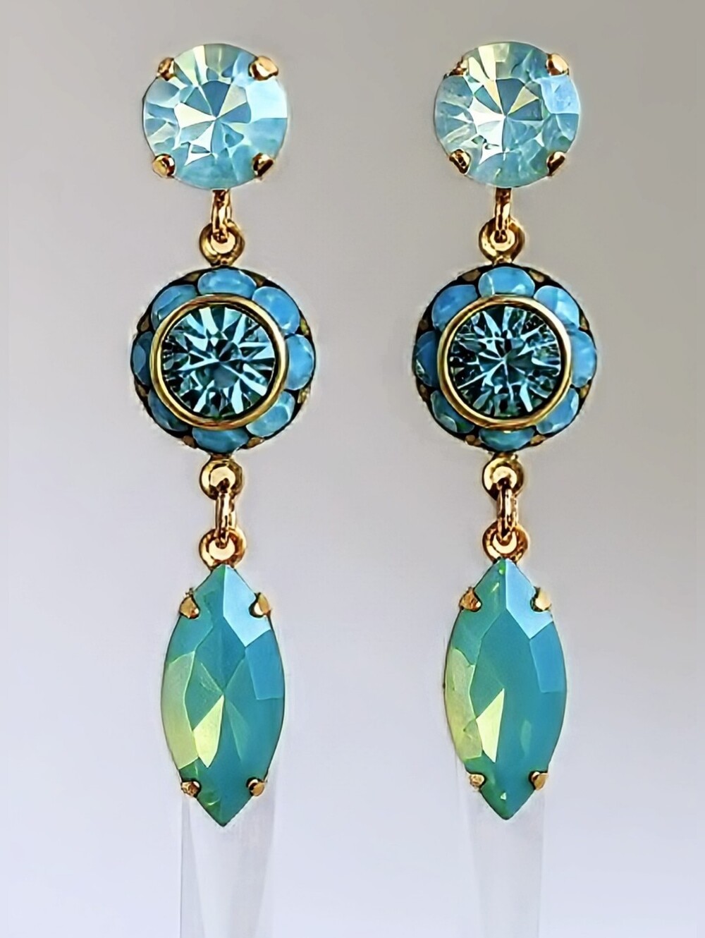 Green Mint Pacific Opal Swarovski Crystal in Long Drop Earrings in Yellow Gold